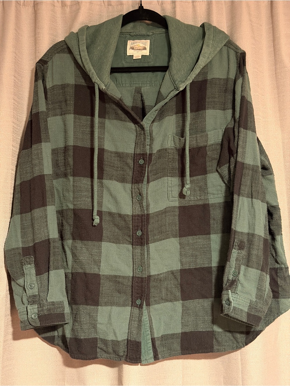 American Eagle Green Buffalo Plaid Hooded Flannel Corduroy Women’s L